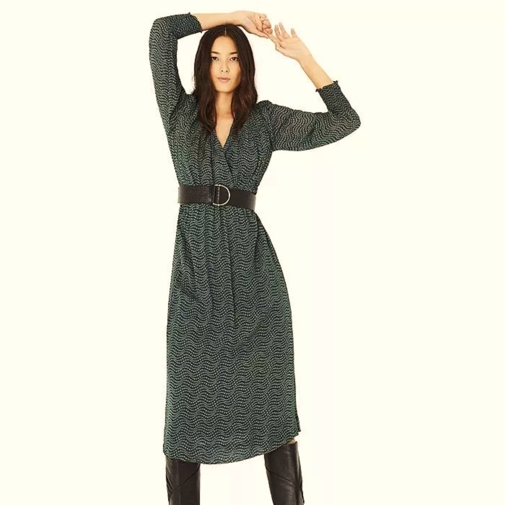 BA&SH Green Lucy Midi Long Sleeve Dress - Size S Emerald